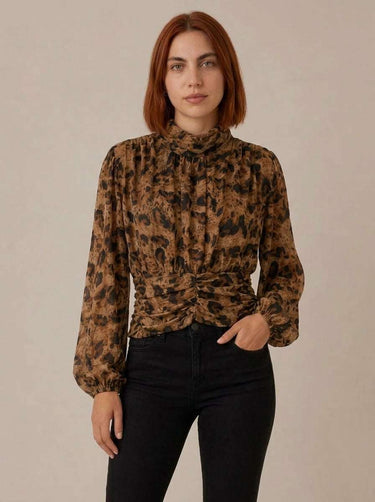 Blouse tendance à imprimé léopard – Camel