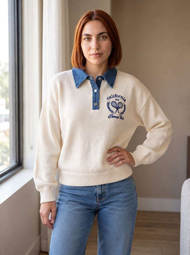 Pull polo à col en jean brodé – Blanc
